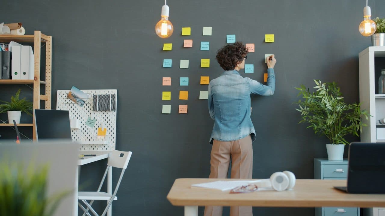 Team scheduling on a whiteboard with sticky notes