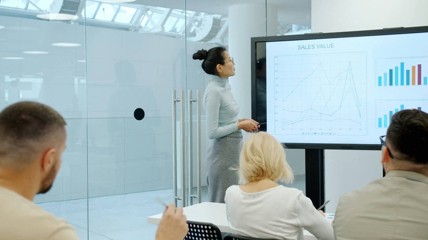 Analytics presentation in a modern conference room